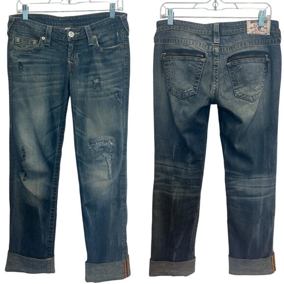 True Religion Low-Rise Straight Jeans Distressed Dirty Wash Grunge Thrashed Edgy - Picture 1 of 11